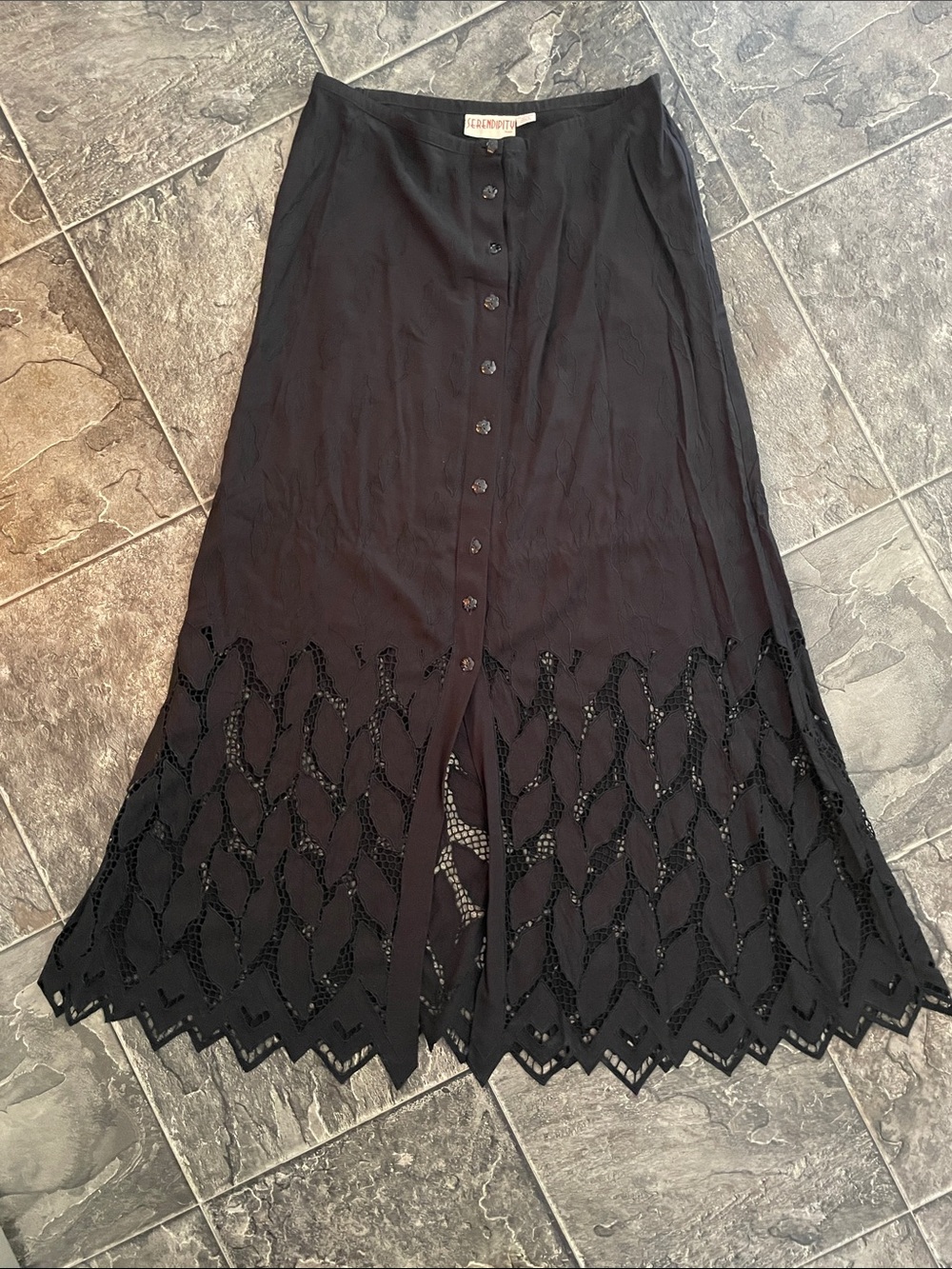 SERENDIPITY Vintage Black Crochet Lace Hem Button-Front Boho Goth Maxi Skirt